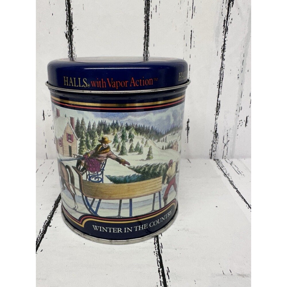 vintage collectible Halls cough drop tin featuring a "Winter in the Country”